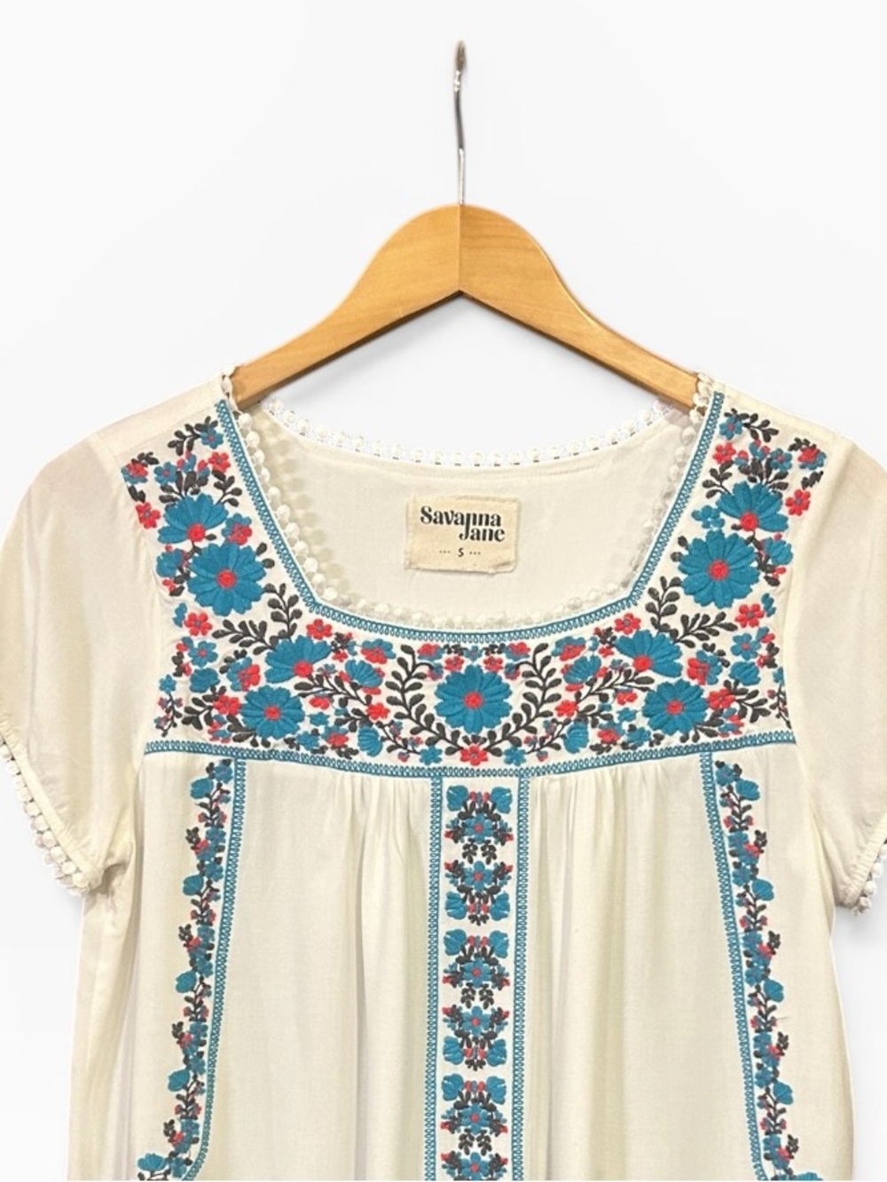 Savanna Jane Floral Embroidered Short Sleeve Square Neck Top White Size Small - Picture 7 of 13